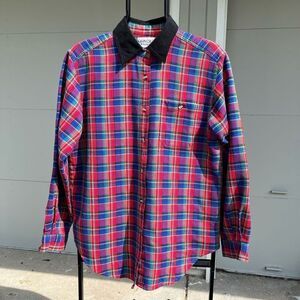 Vintage 80s Cabin Creek Plaid Button-Down Shirt, Colorful Contrast Collar, M